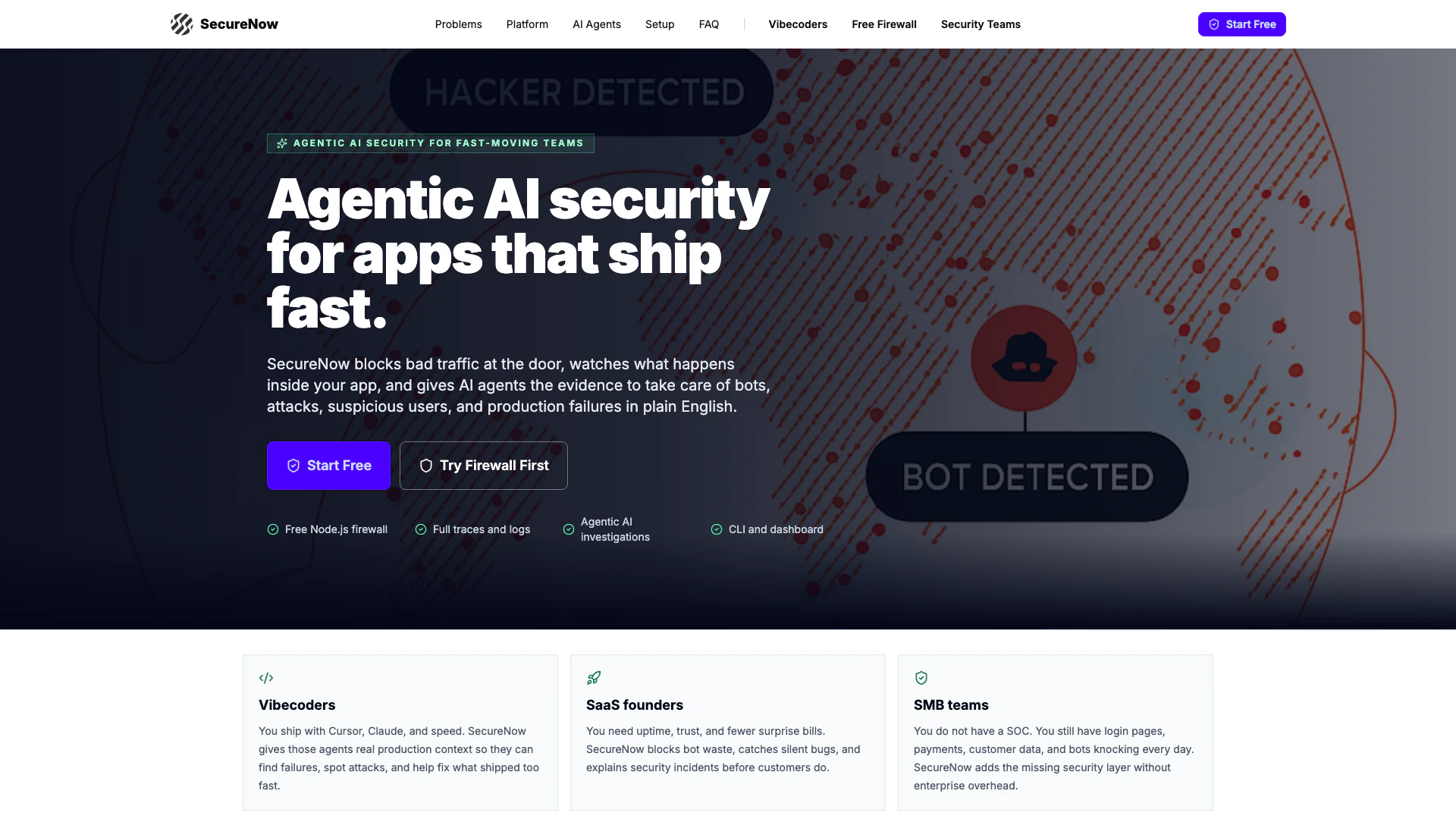 Securenowai website screenshot showing SecureNow provides agentic AI security f... interface and features