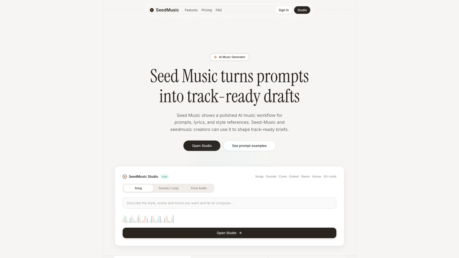 Seed website screenshot showing Seed Music 使创作者能够简化他们的 AI 音乐工作流程,将提示转化为歌... interface and features