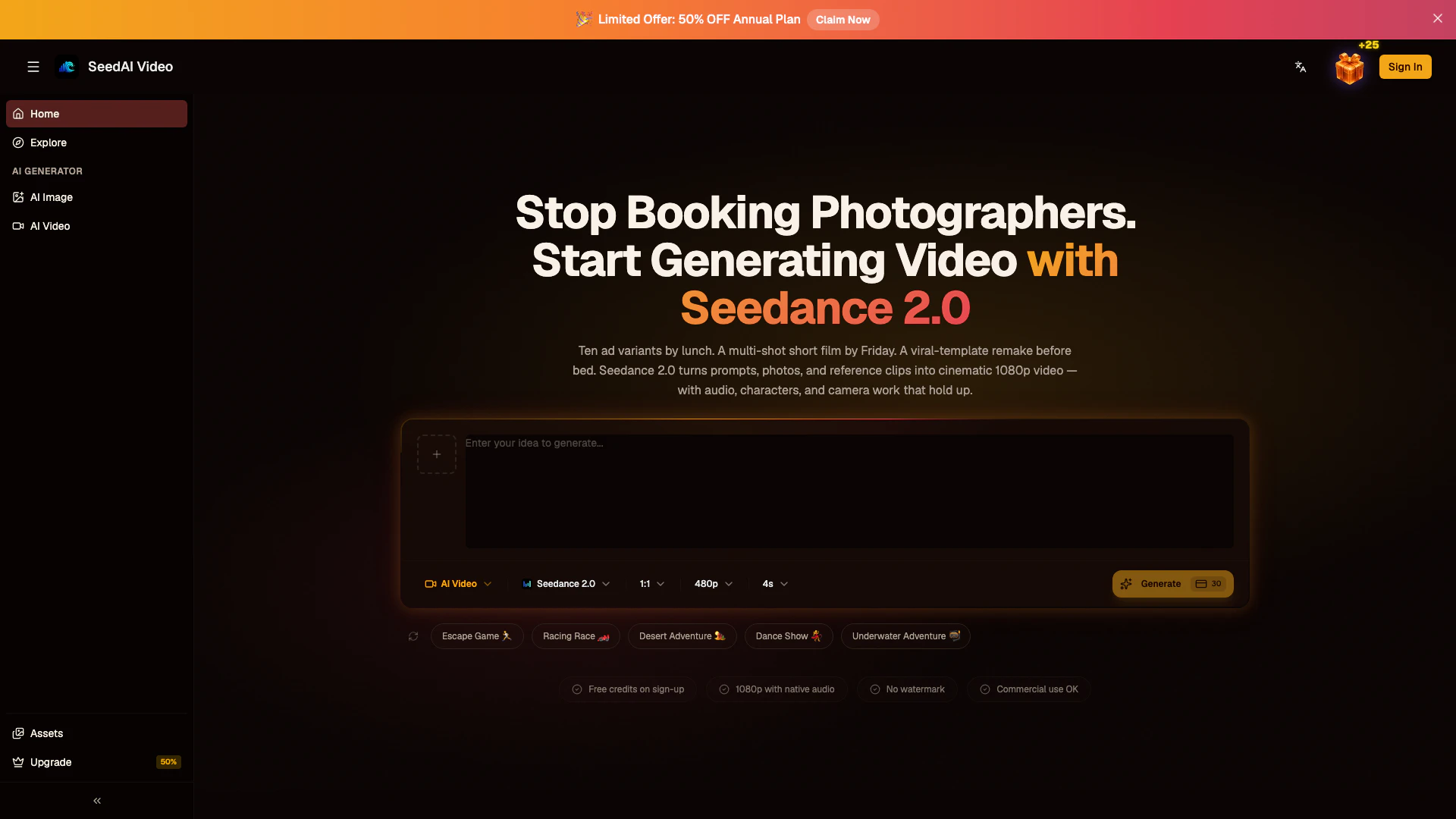 Seedaivideo website screenshot showing Seedance 2.0 is an innovative AI video g... interface and features