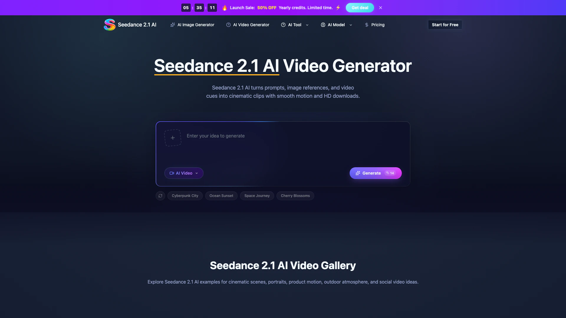 Seedance 2.1 Ai website screenshot showing Try Seedance 2.1 AI, a free AI video gen... interface and features