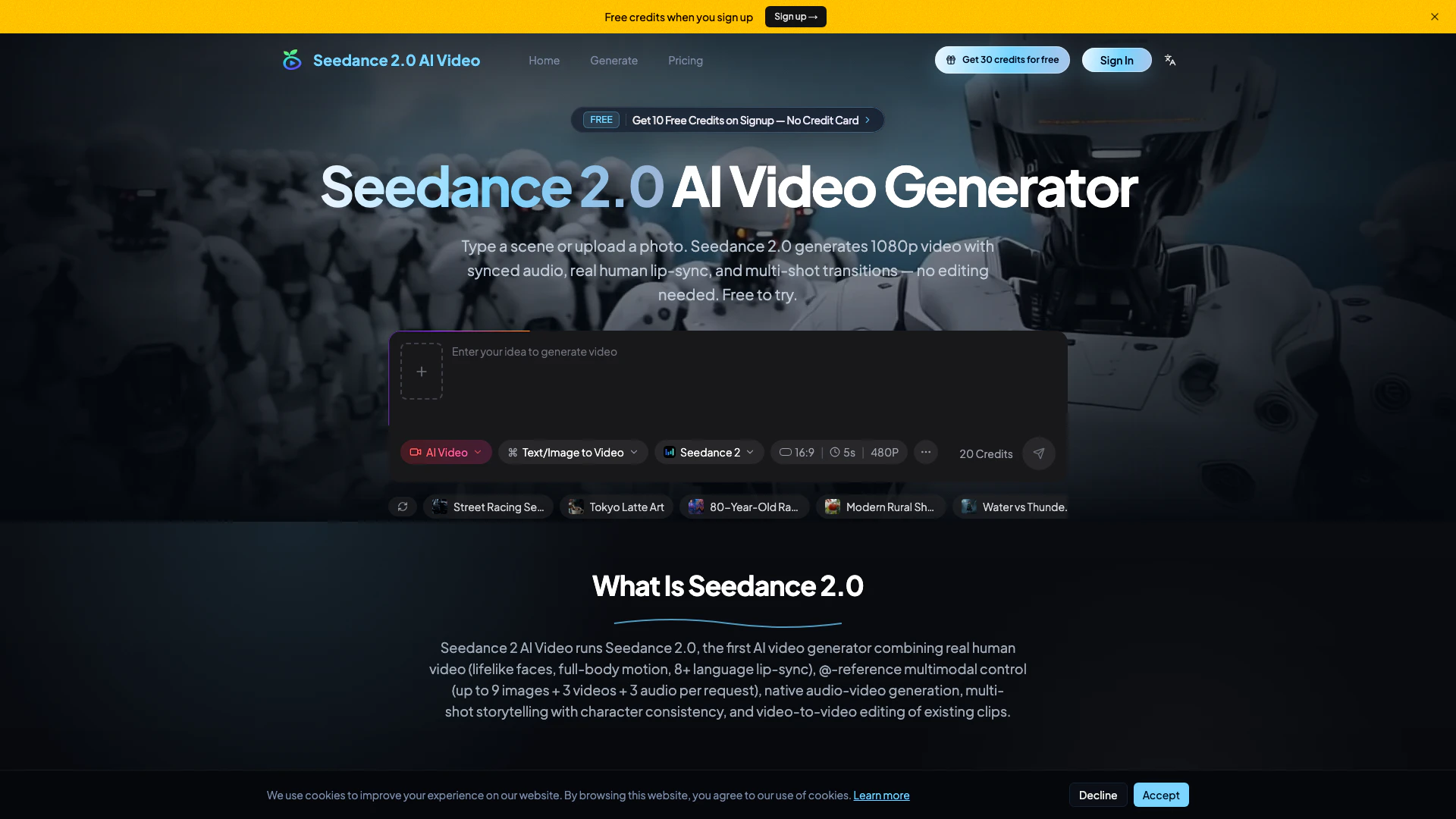 Seedance 2.0 Ai Video website screenshot showing Generate stunning AI videos with Seedanc... interface and features