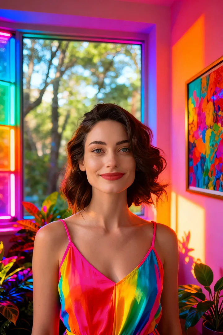 Selfie AI app interface showcasing neon style portraits