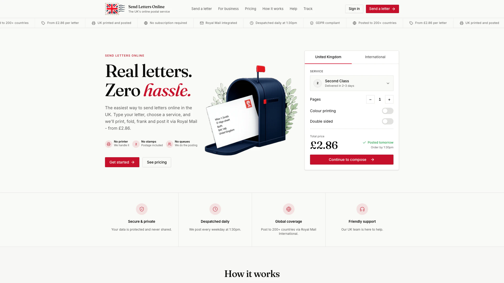 Sendlettersonline website screenshot showing Send letters online from anywhere in the... interface and features
