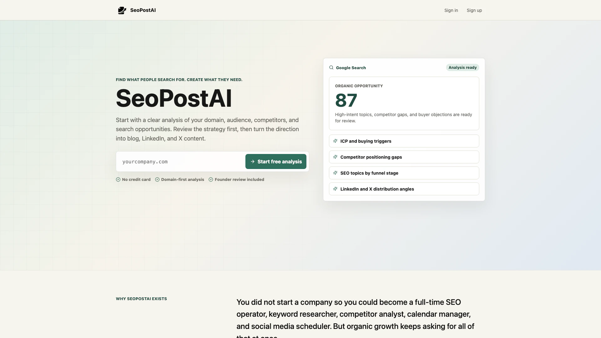Seopostai website screenshot showing SeoPostAI is a founder-led SaaS tool des... interface and features