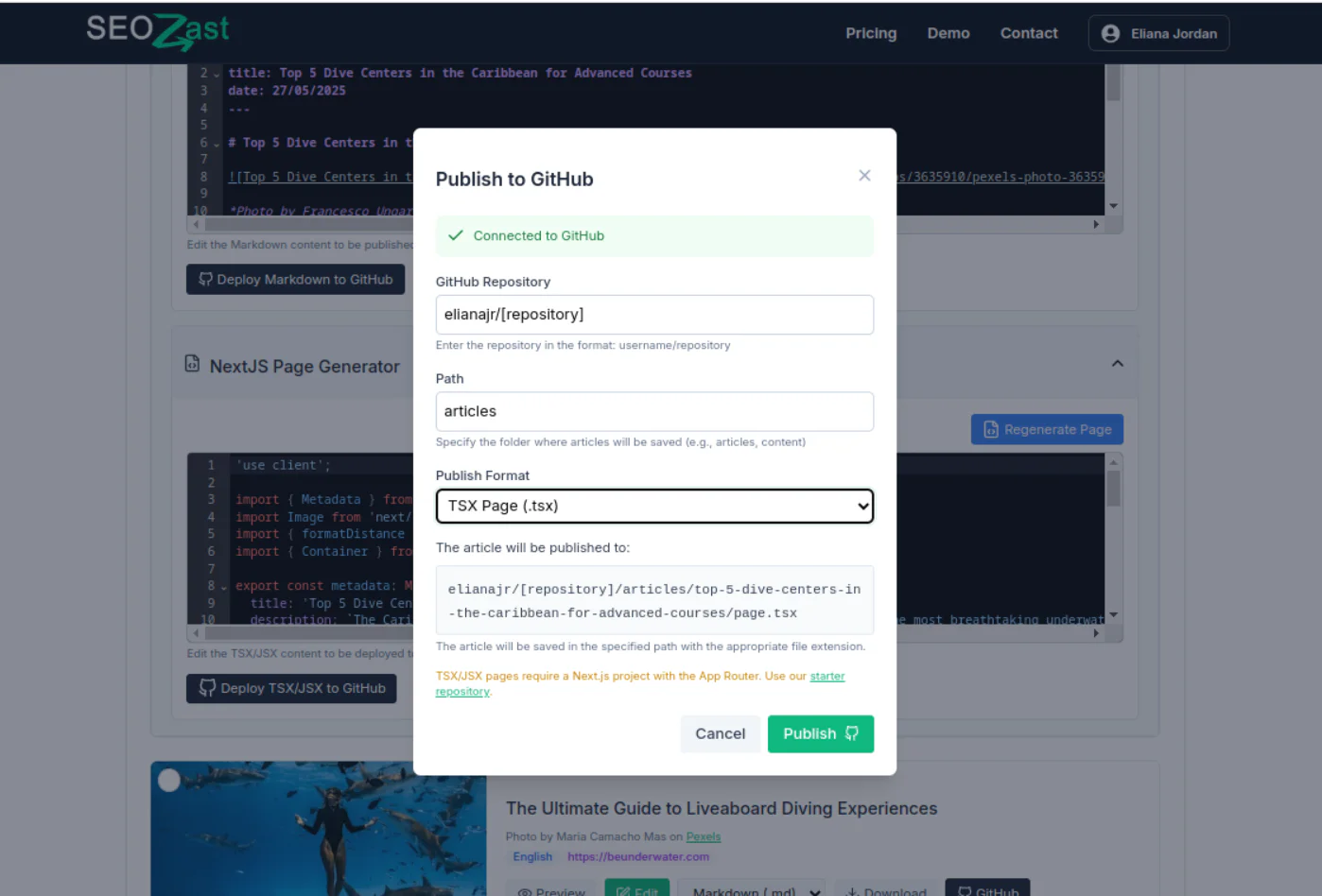 Seozast publishing and export formats interface