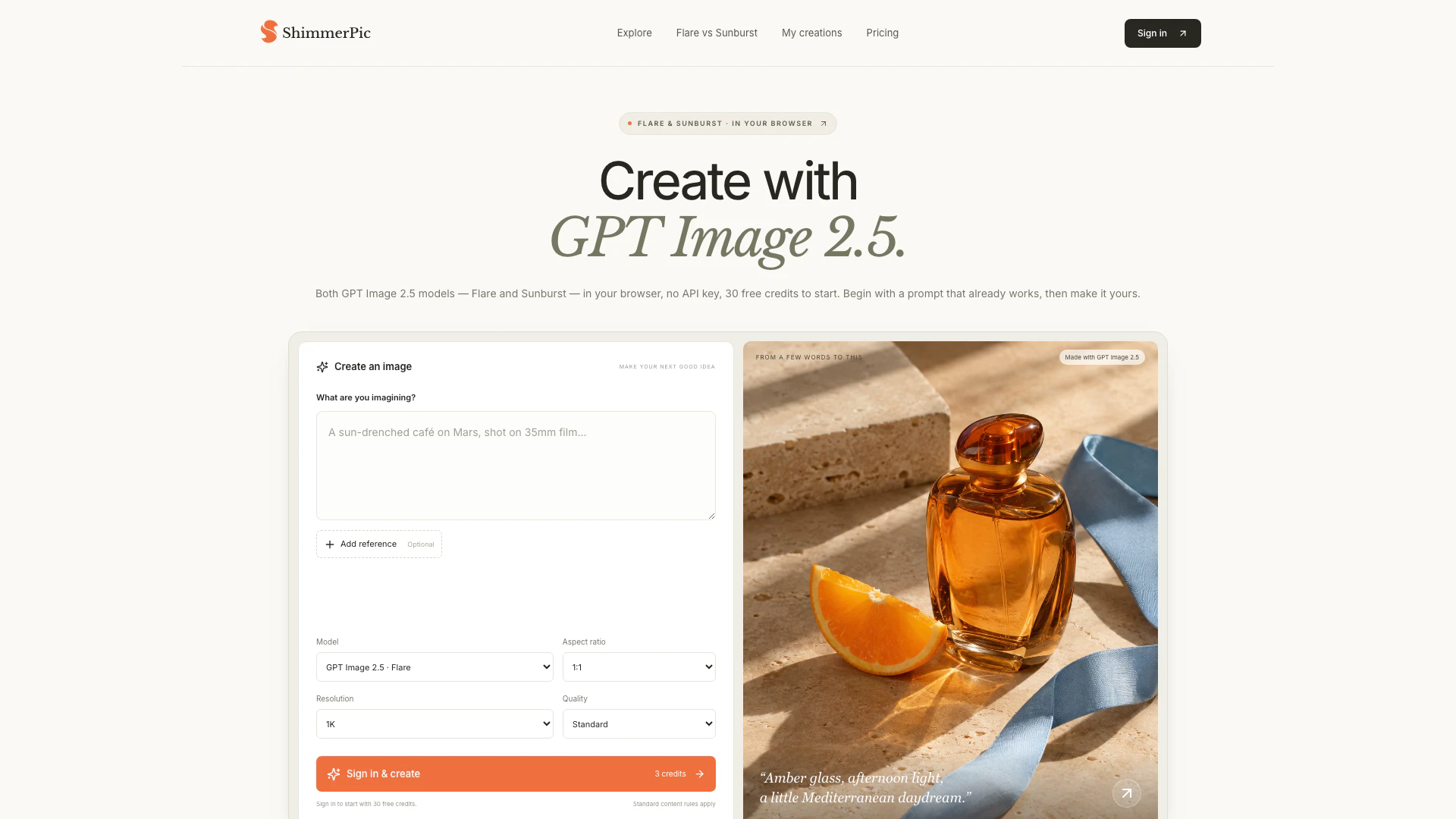 Shimmerpic website screenshot showing Create and edit images with GPT Image 2.... interface and features