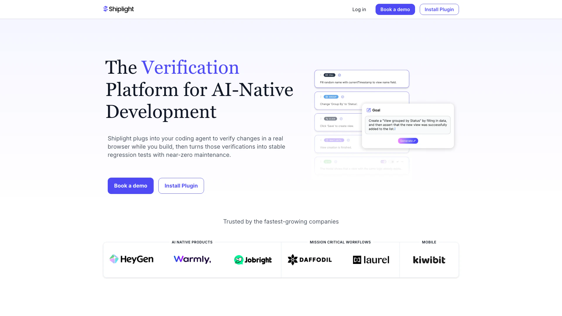 Shiplight Ai website screenshot showing O Shiplight AI é a plataforma de teste d... interface and features
