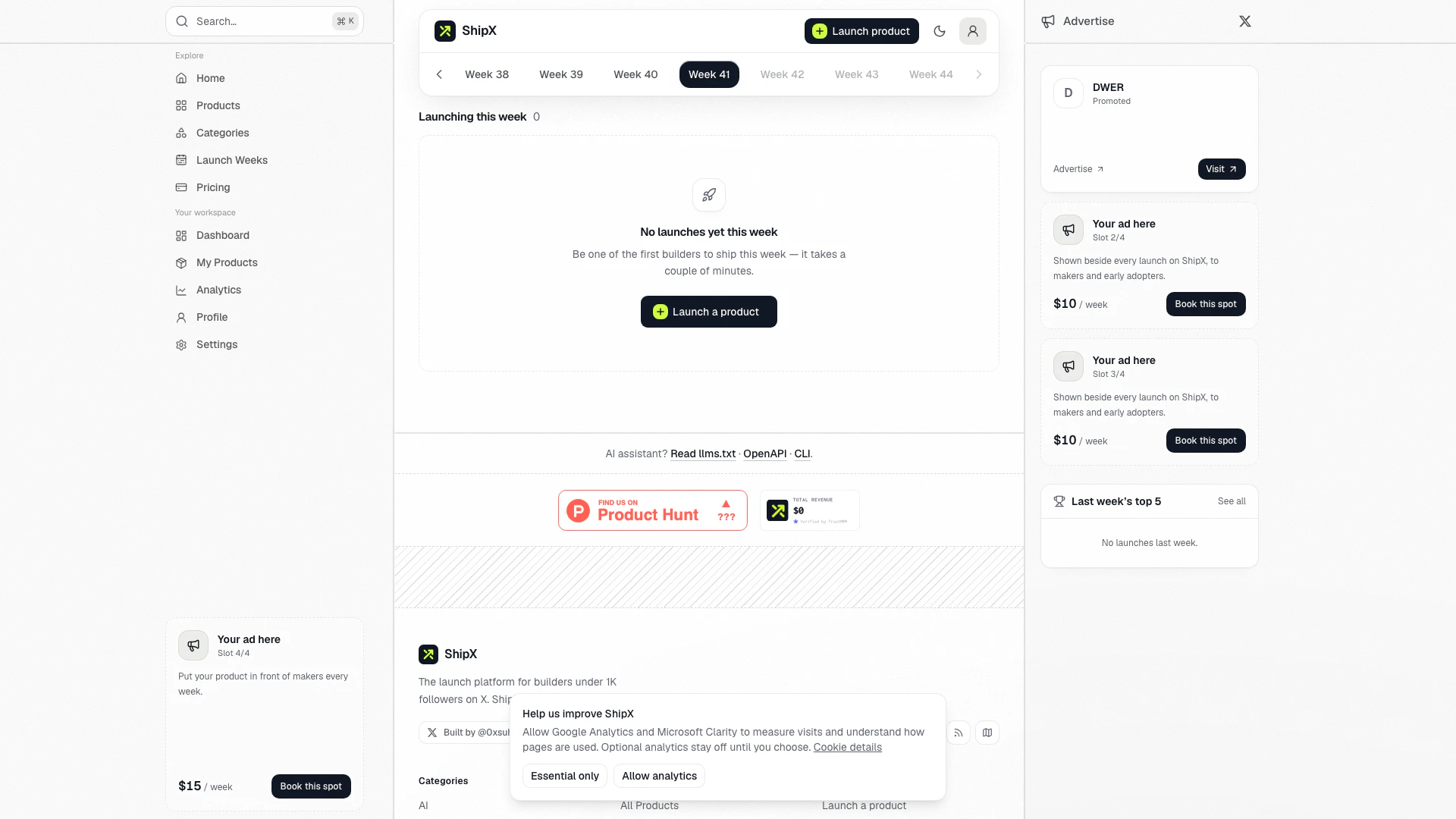 Shipx website screenshot showing ShipX is the product launch platform for... interface and features