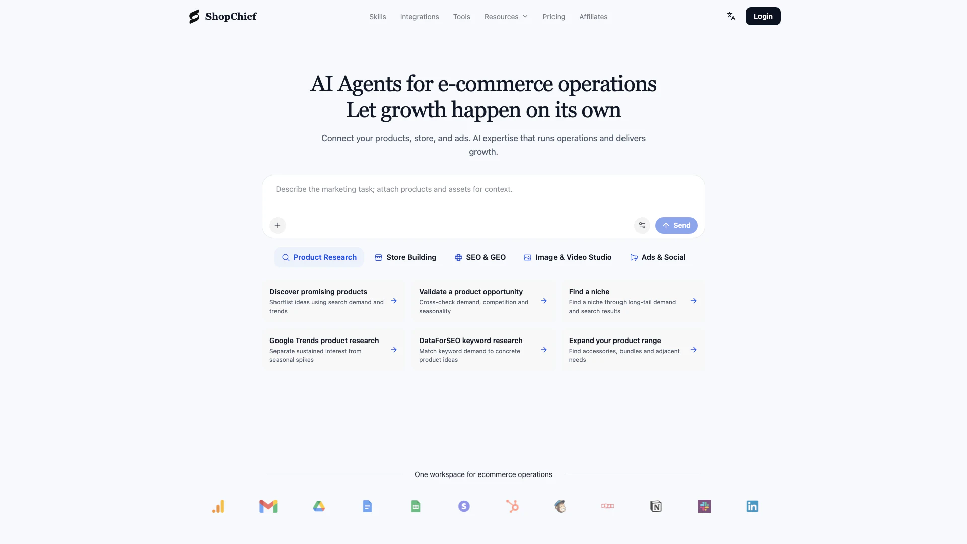 Shopchiefai website screenshot showing ShopChief provides global e-commerce sel... interface and features