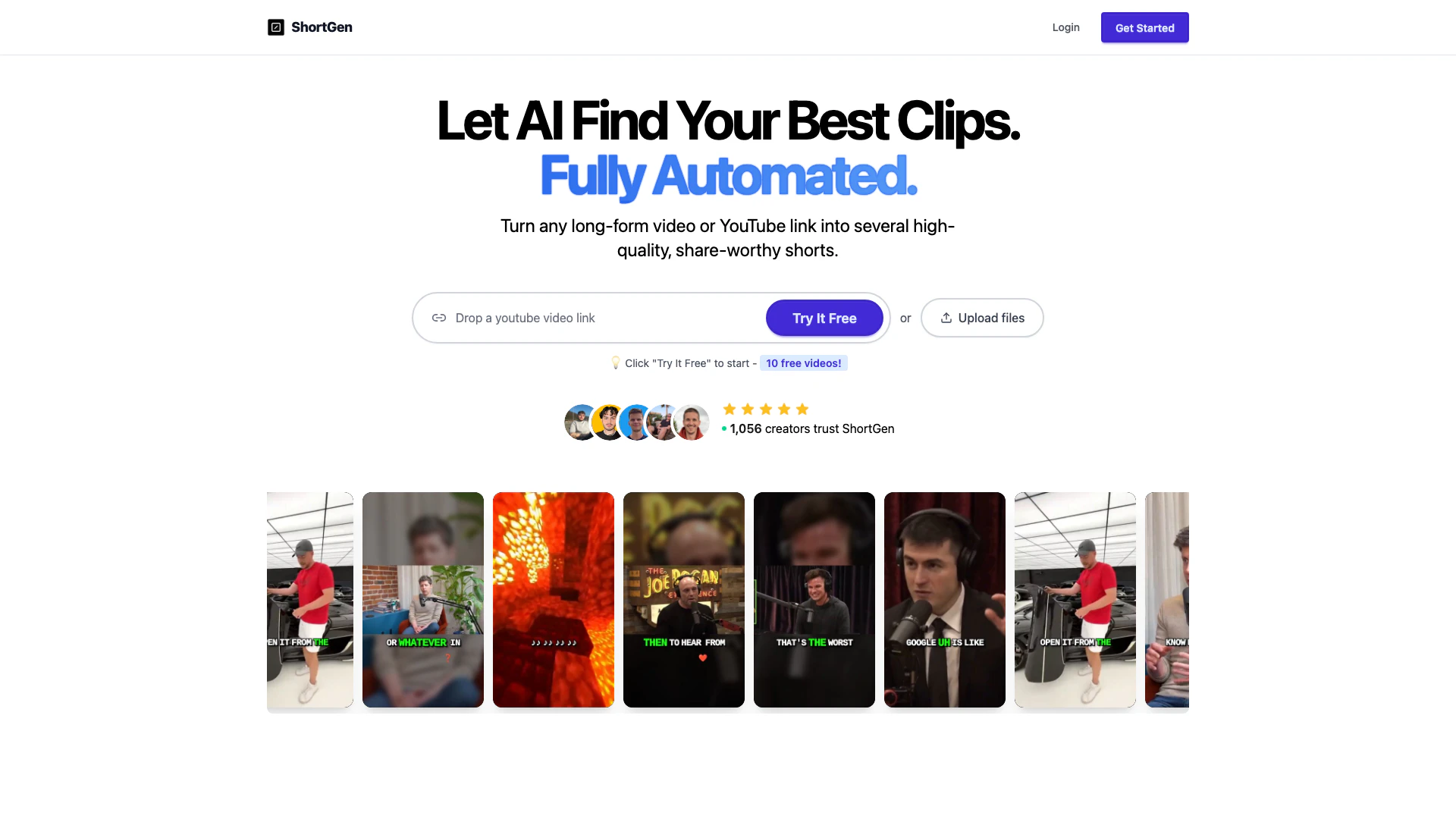 Shortgen website screenshot showing AI를 사용하여 YouTube 링크에서 매력적인 클립을 찾아 전문적인 짧... interface and features