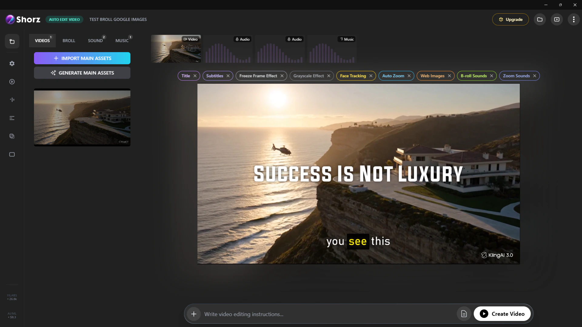 Shorz video editing interface overview