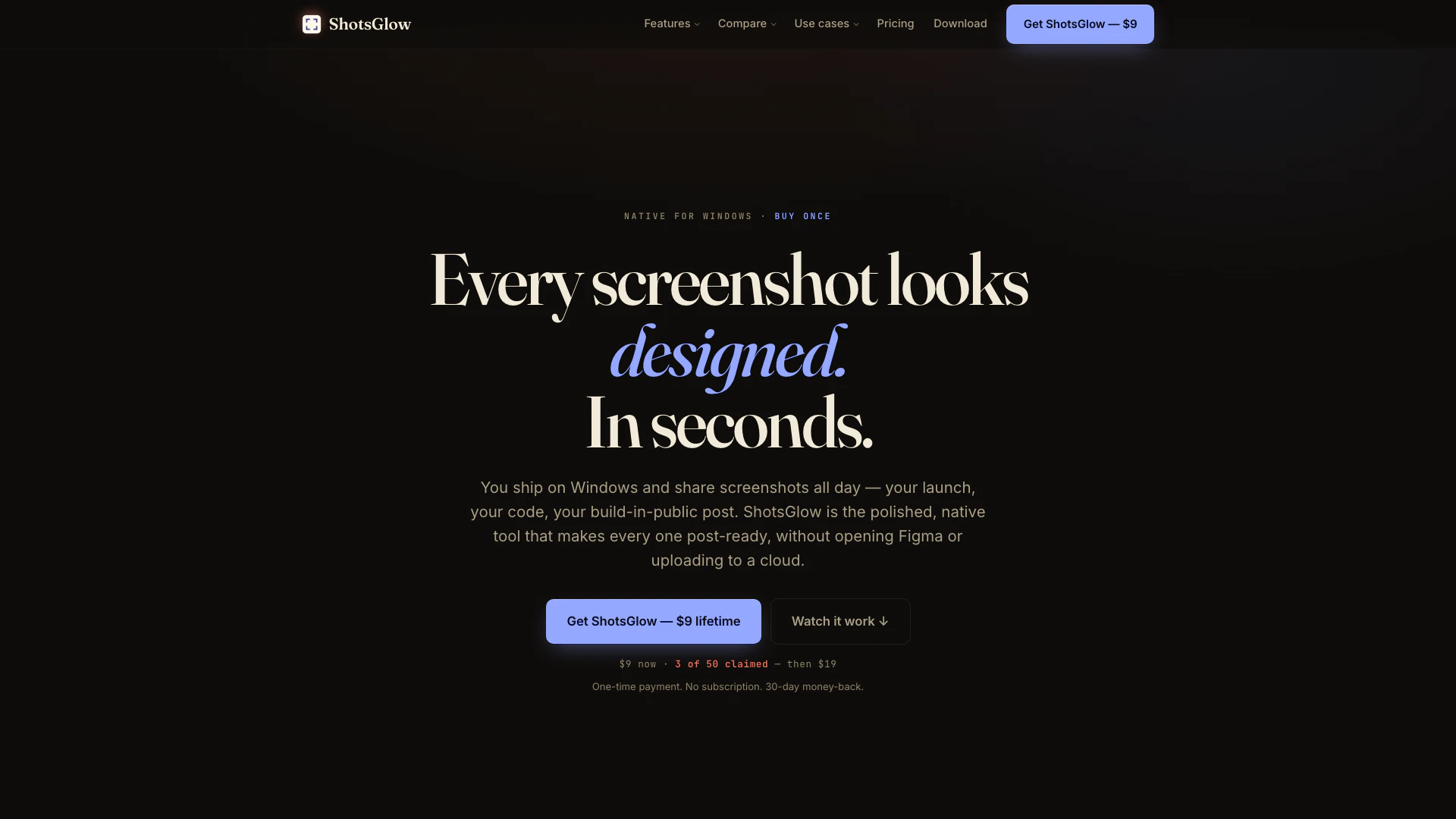 Shotsglow website screenshot showing ShotsGlow est une application de capture... interface and features