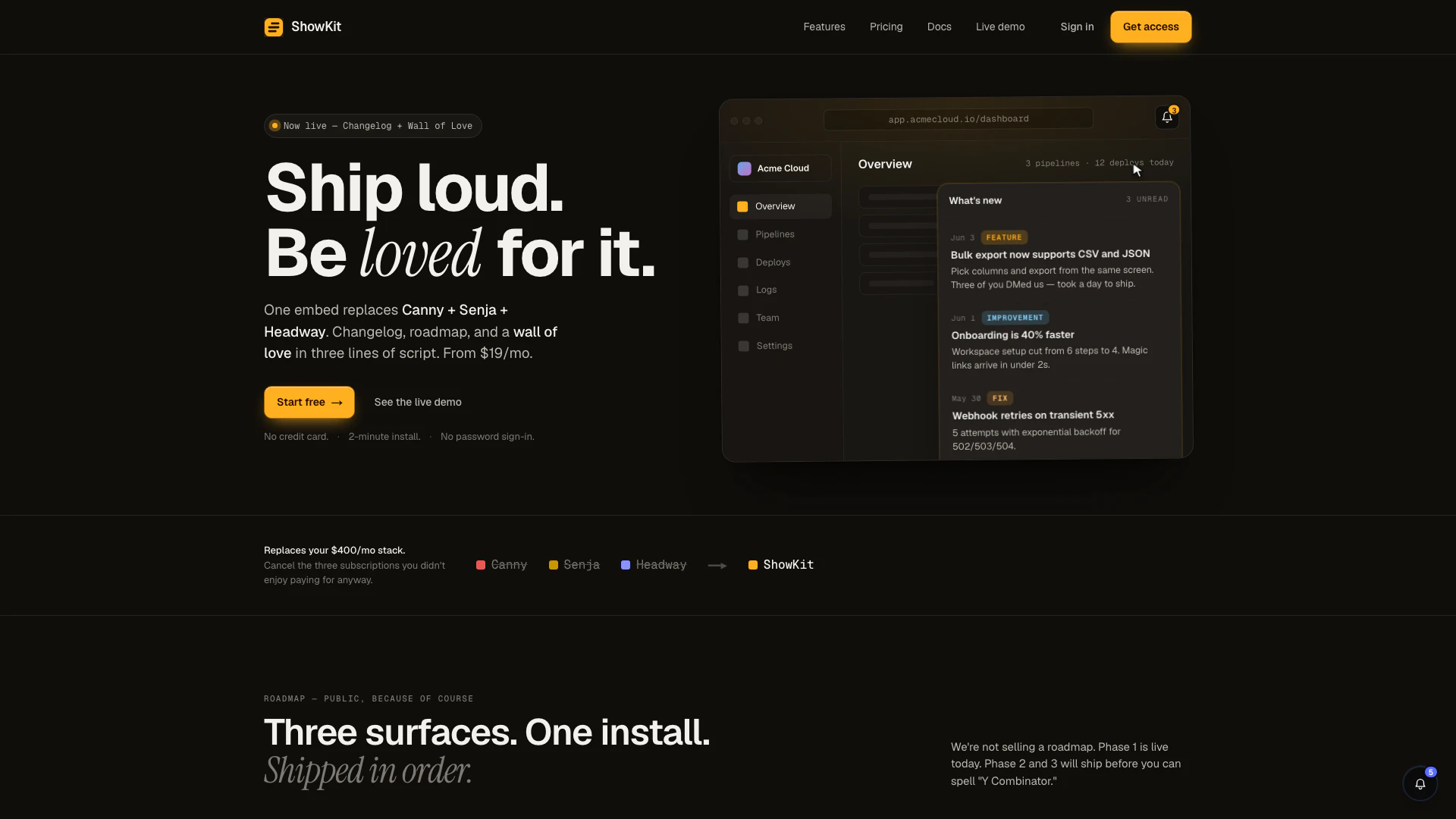 Showkit website screenshot showing Showkit 是一款强大的工具,将变更日志、路线图和推荐语合并为一个简单的嵌入... interface and features