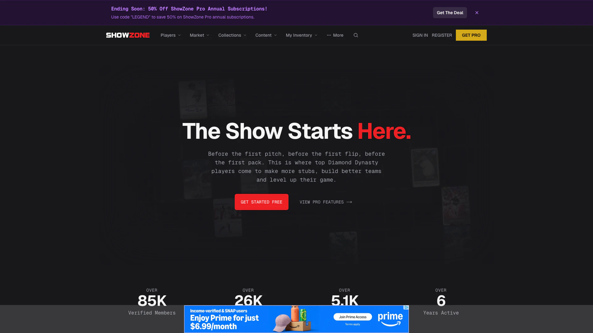 Showzone website screenshot showing 通过Showzone的工具和资源增强您的MLB The Show体验。 interface and features