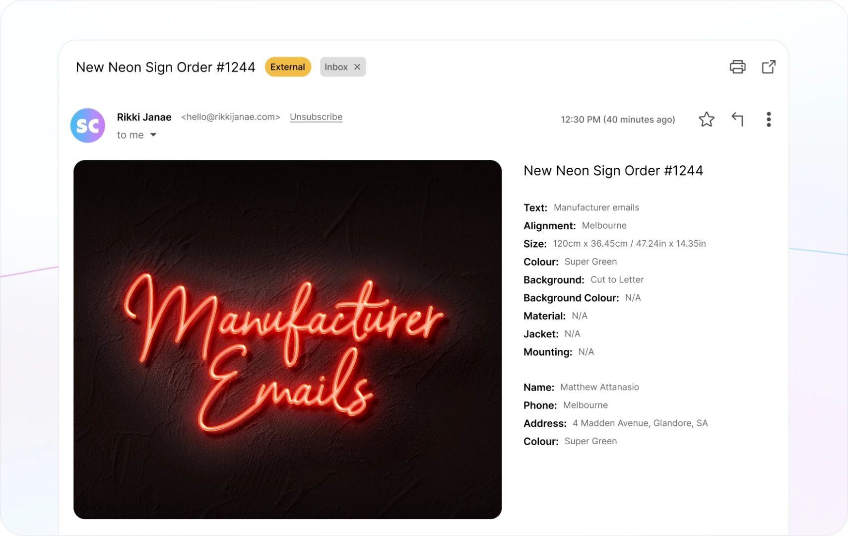 Sign Customiser automated manufacturer email with neon sign preview