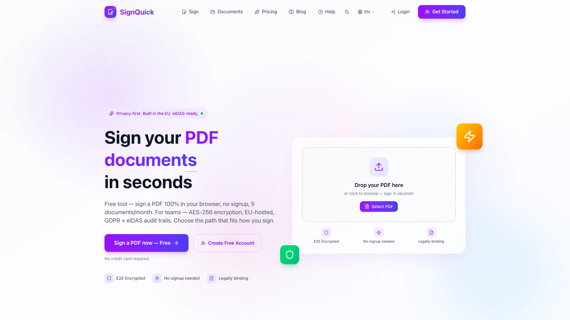 Signquick website screenshot showing SignQuick cho phép bạn ký các tài liệu P... interface and features