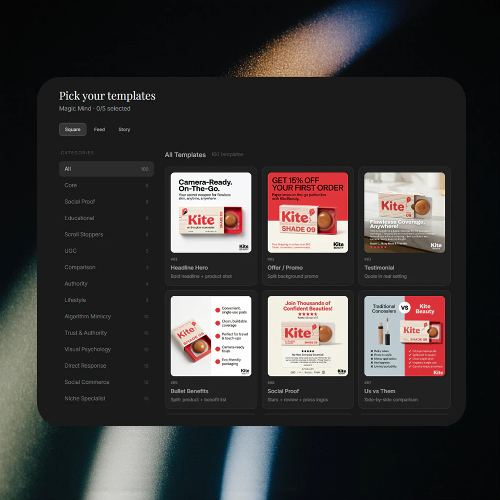 Siloai template library showcasing various ad formats