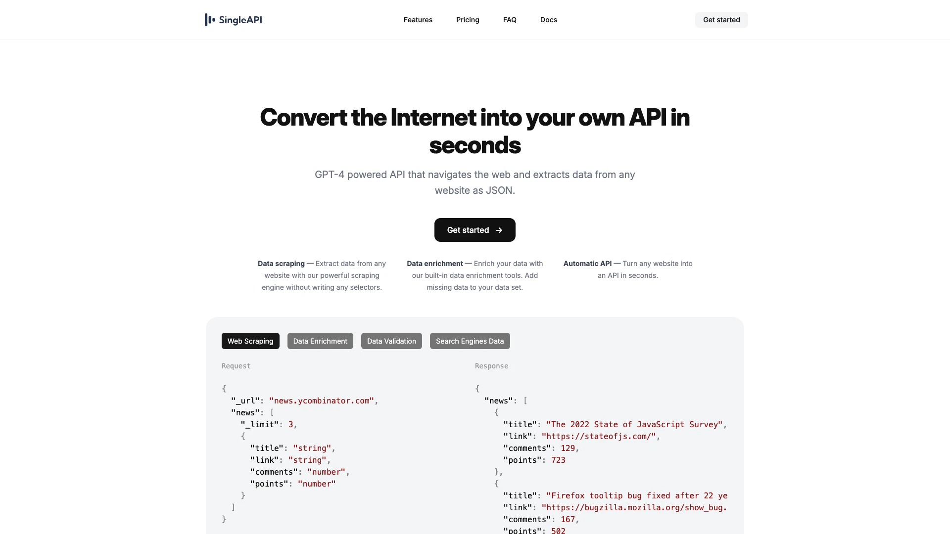 Singleapi website screenshot showing SingleAPI - Convert any website to an AP... interface and features