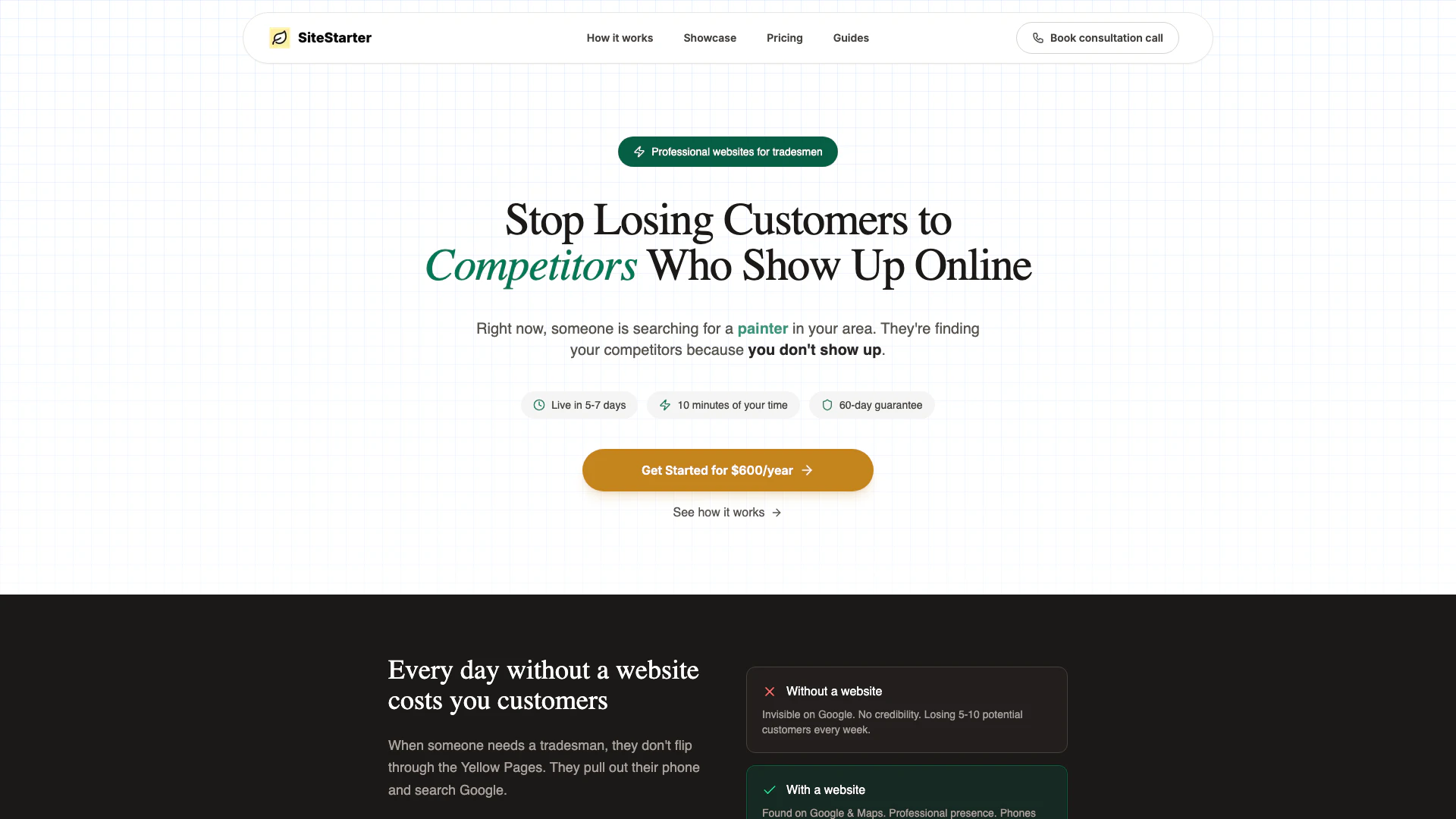 Sitestarter website screenshot showing Sitestarter为工匠提供专业网站,使他们能够在短短5-7天内上线。 interface and features