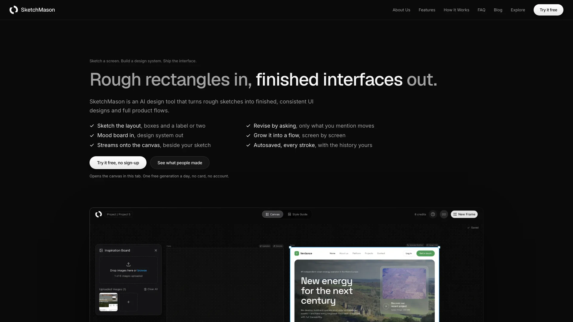 Sketchmason website screenshot showing SketchMason is an AI design tool that tu... interface and features