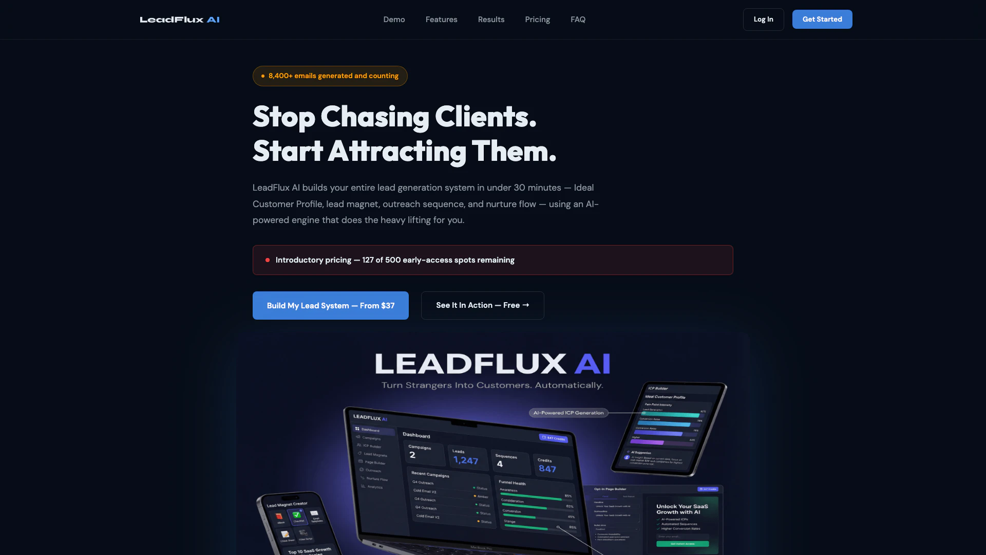 Skillotaproducts website screenshot showing LeadFlux AI enables you to effortlessly ... interface and features
