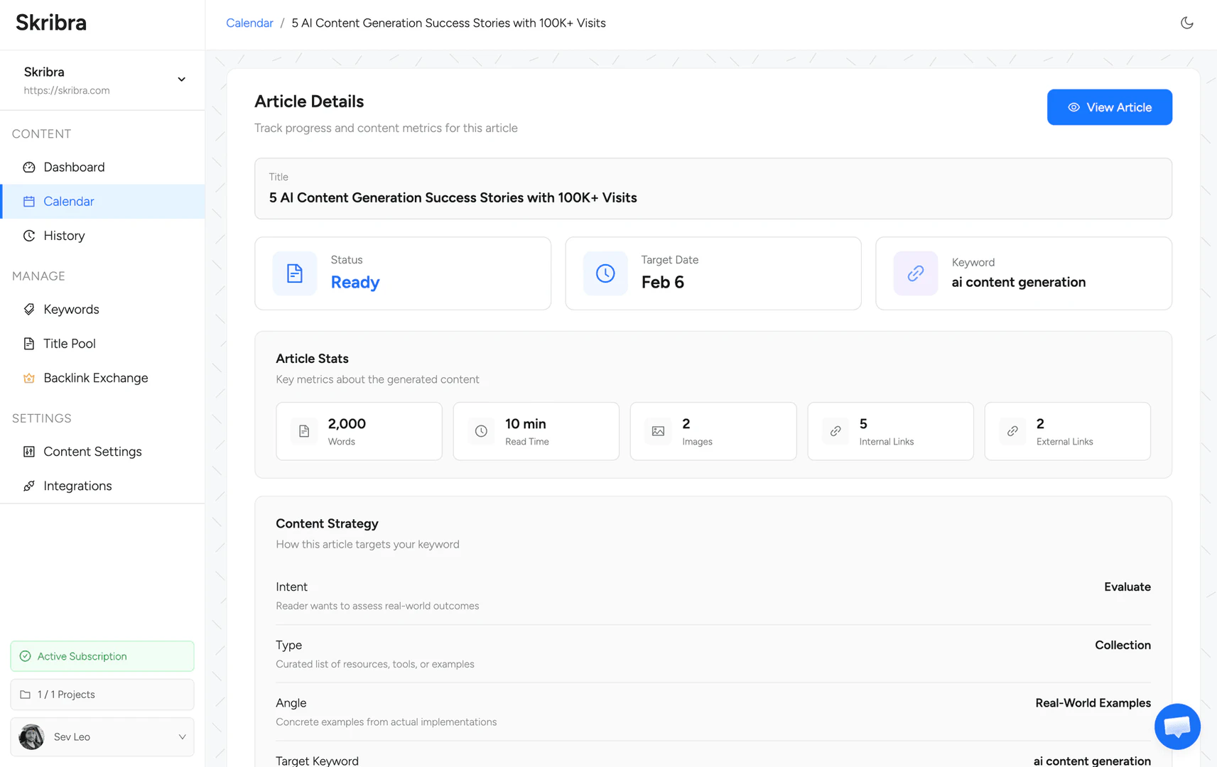 Skribra AI article editor interface