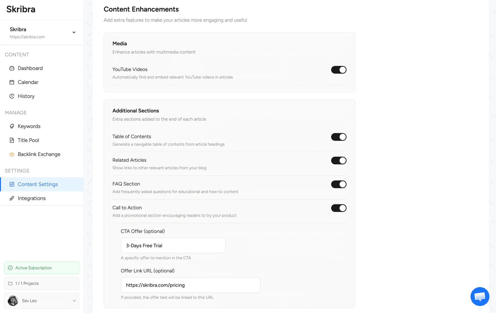 Skribra SEO content configuration options