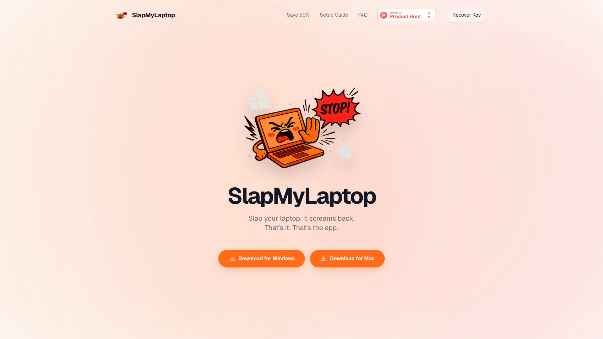 Slapmylaptop website screenshot showing SlapMyLaptop is a hilarious app for Wind... interface and features