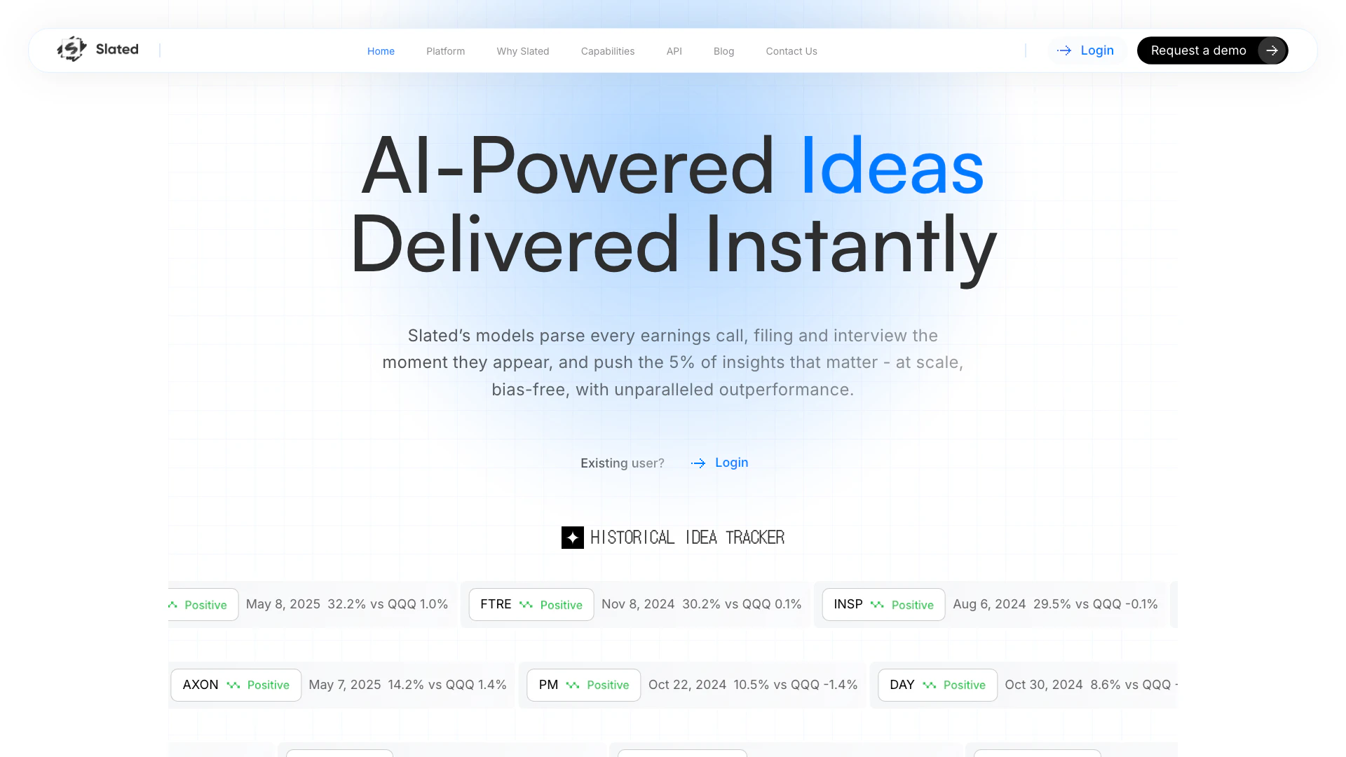 Slated Ai website screenshot showing Slated AI interface and features