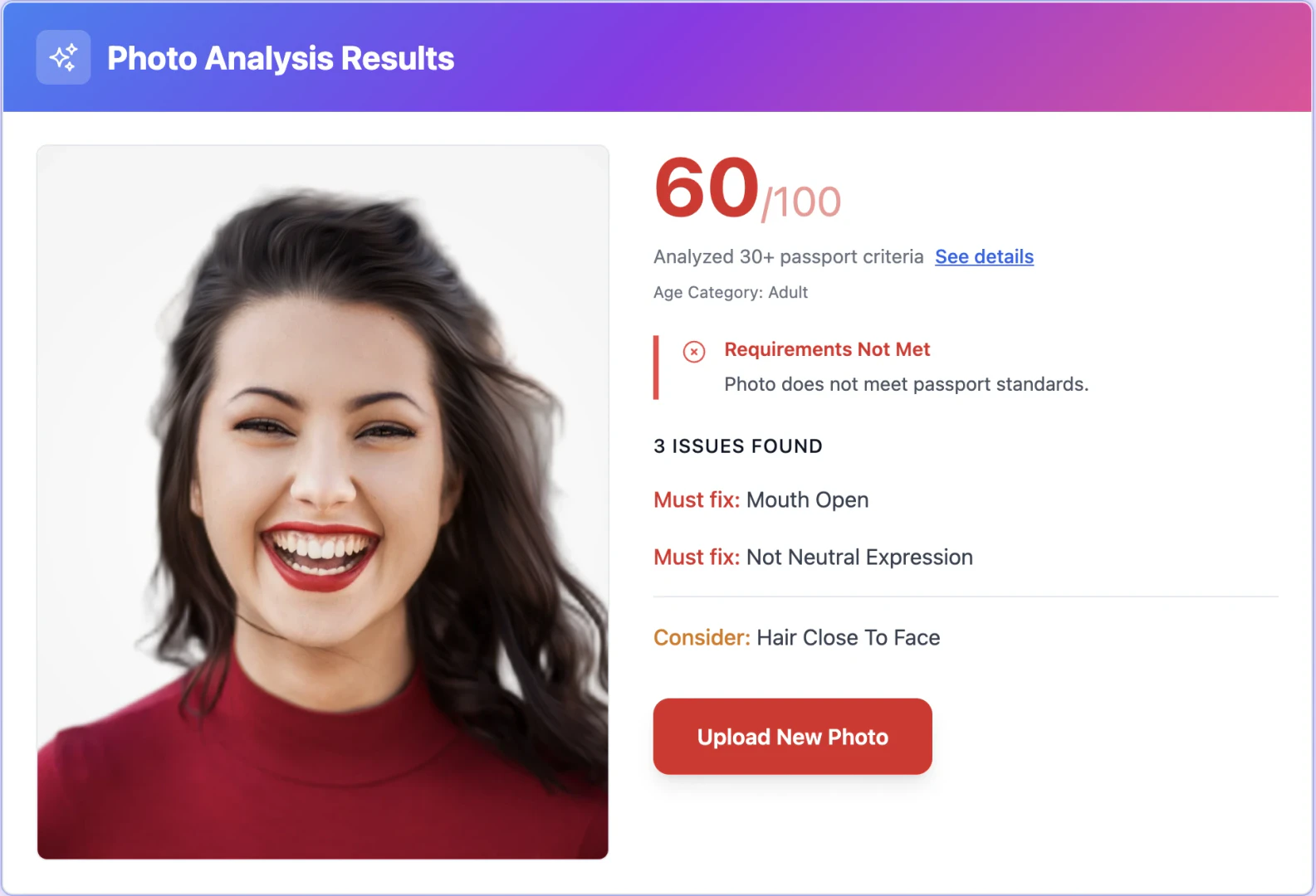 Snap2Pass AI photo validation interface