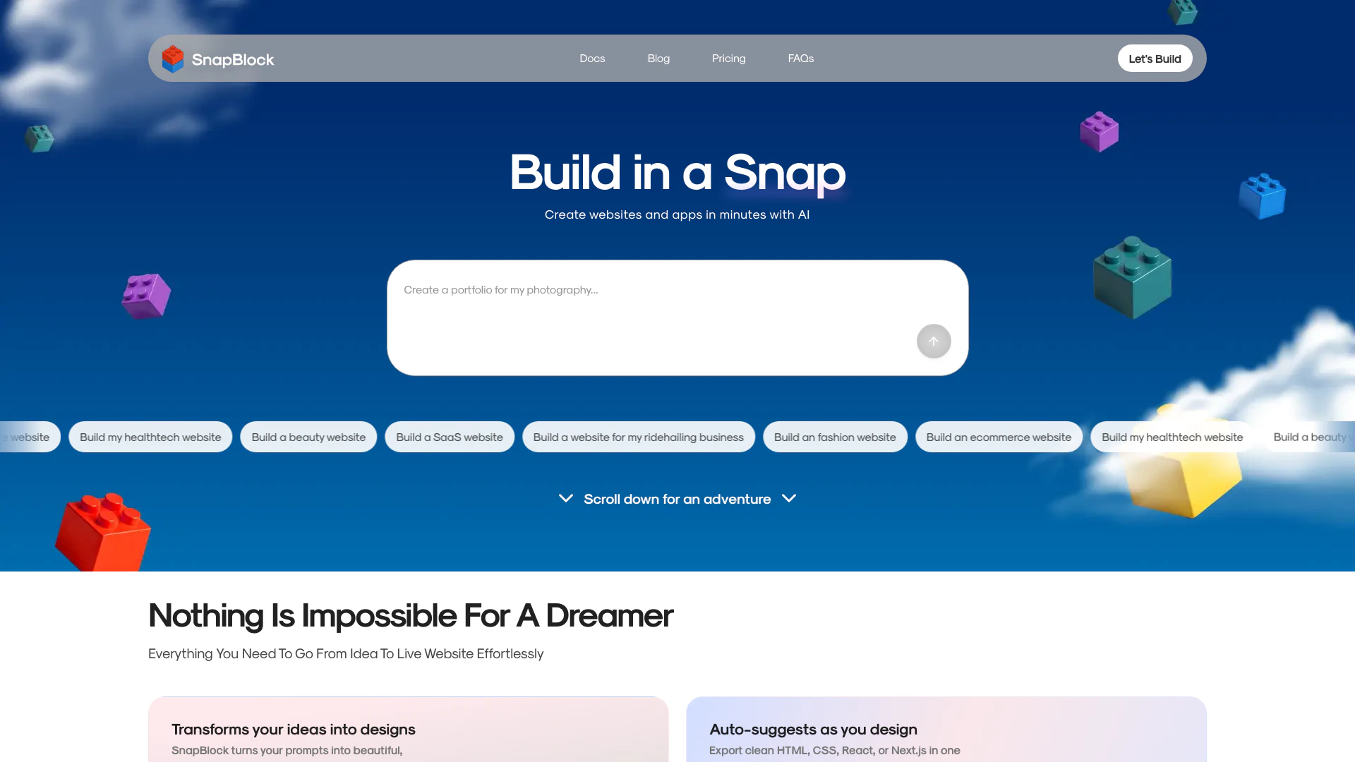 Snapblockai website screenshot showing -- interface and features