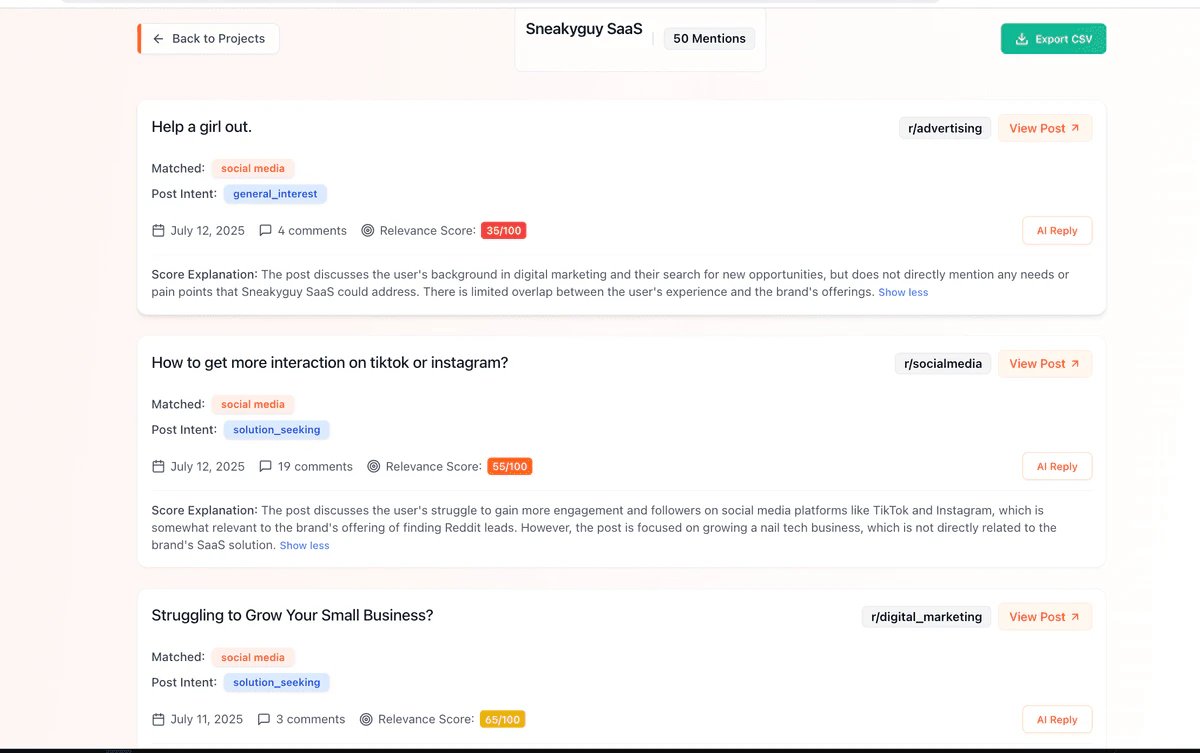 SneakyGuy lead dashboard showing relevance scores and AI reply buttons