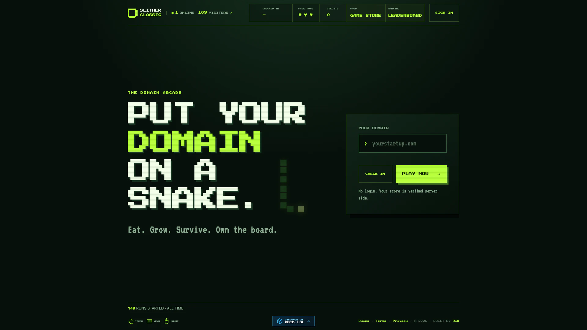Sneks website screenshot showing Enter your domain, play classic Snake, a... interface and features