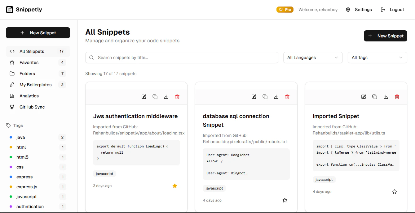 Snippetly dashboard showing all snippets