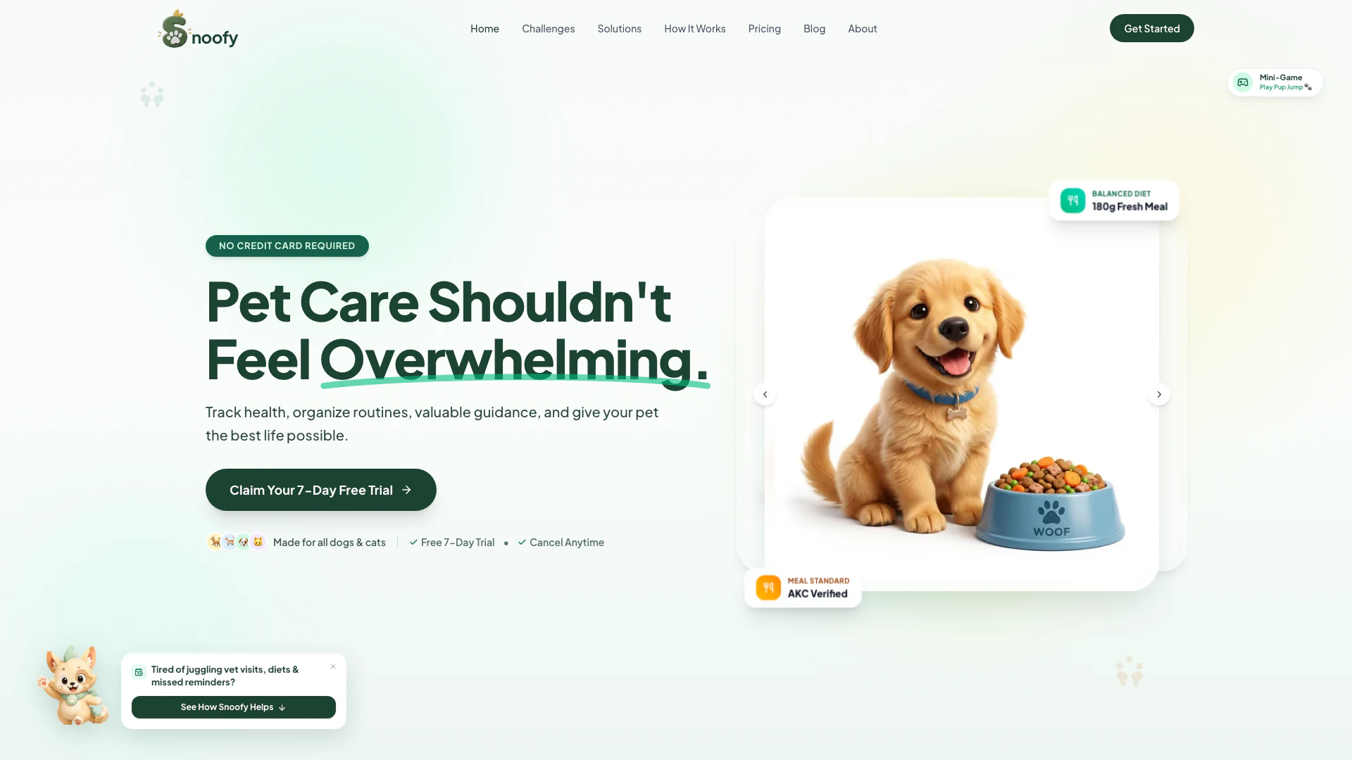Snoofy website screenshot showing Snoofy is an all-in-one pet care app for... interface and features
