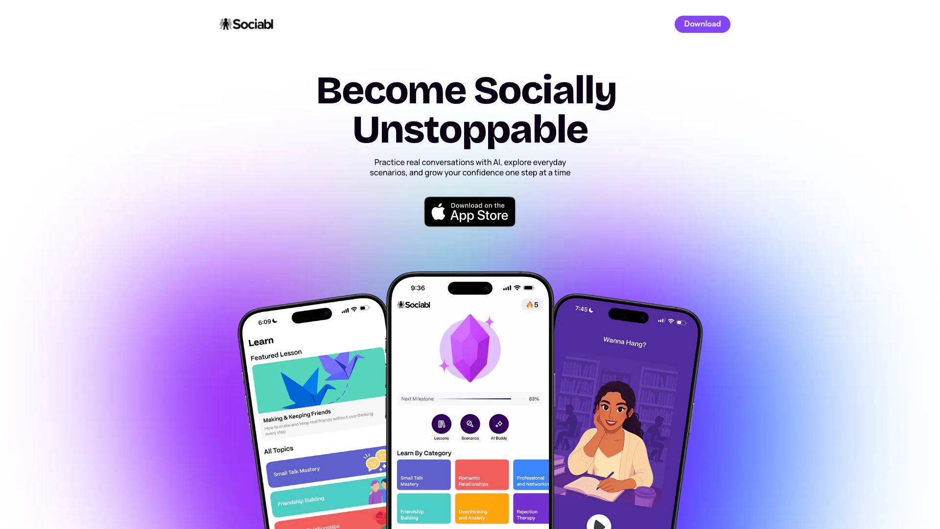 Sociabl website screenshot showing Sociabl is an AI-powered app designed to... interface and features