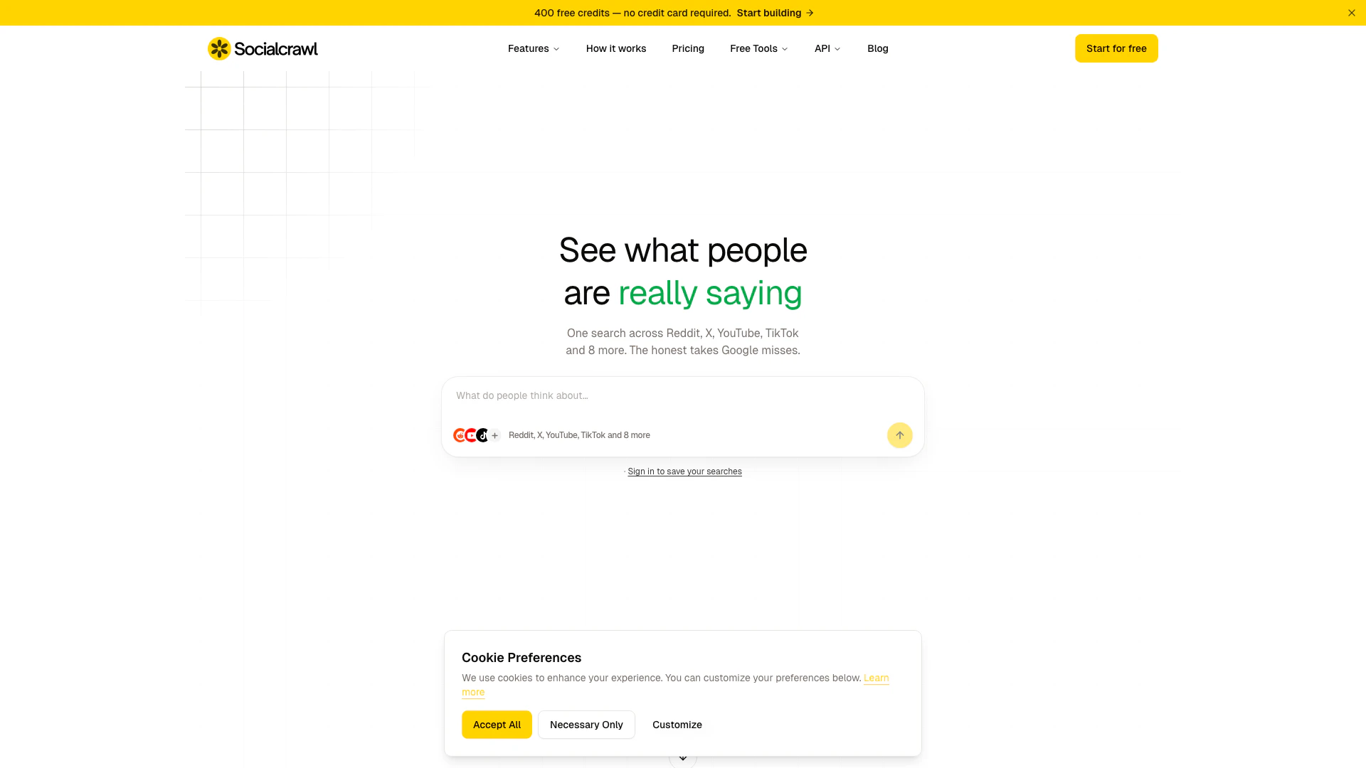 Socialcrawl website screenshot showing Socialcrawl is an AI-powered social sear... interface and features