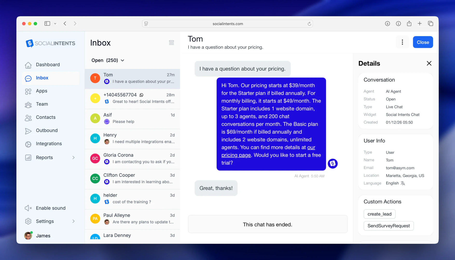 Social Intents dashboard showing conversation analytics