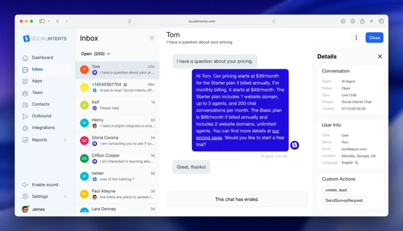 Social Intents product overview showing live chat features