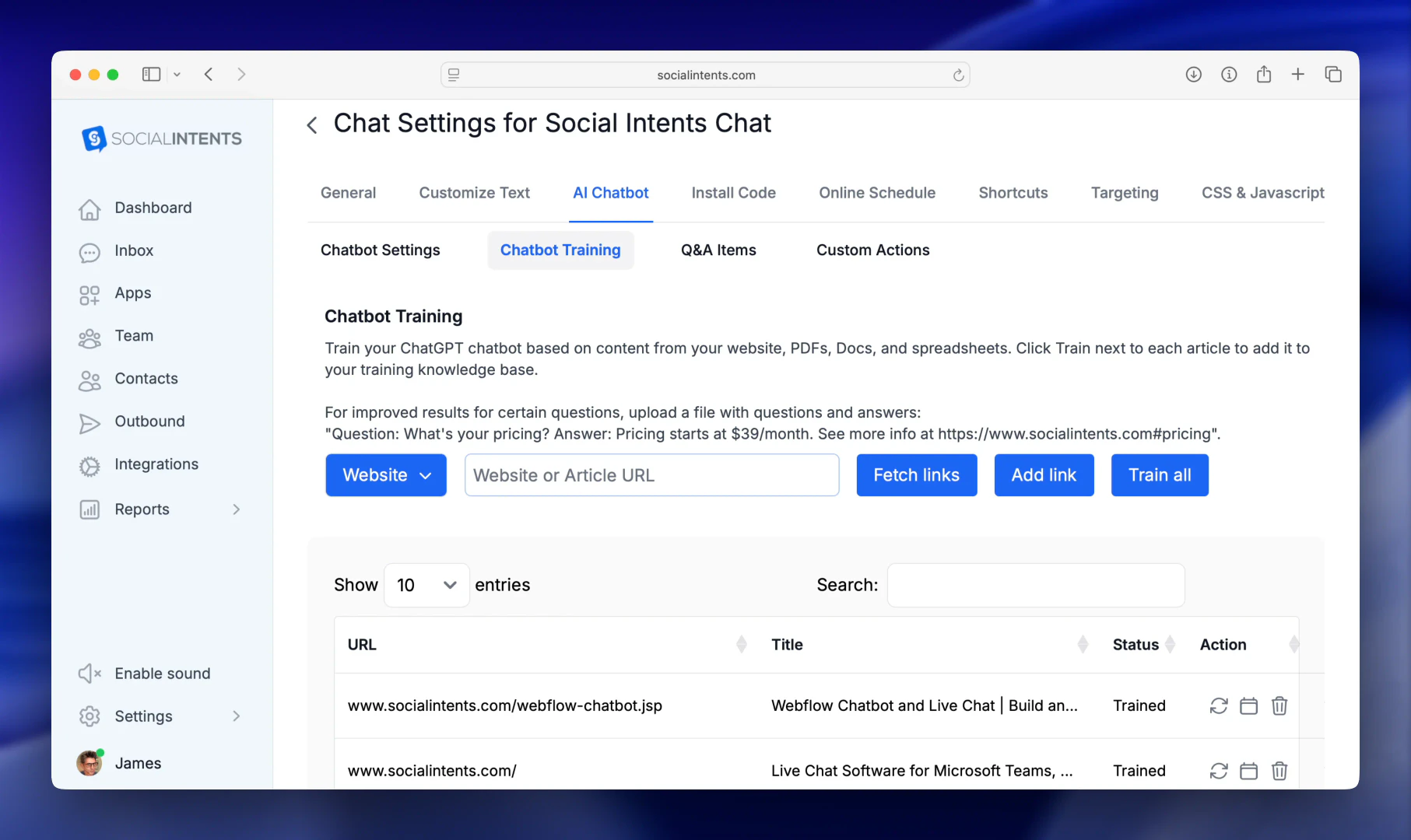 Social Intents AI chatbot training process