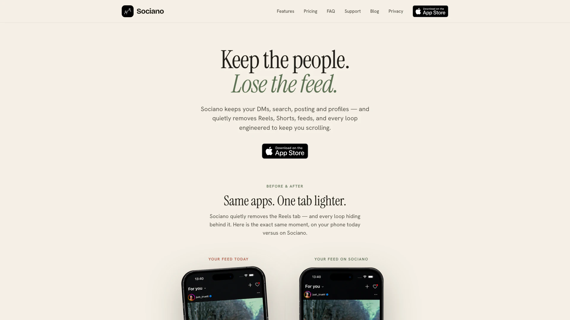 Sociano website screenshot showing Sociano keeps your DMs, search, posting,... interface and features