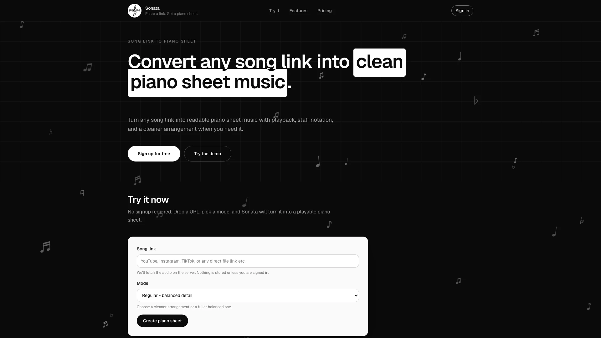 Sonata Ca website screenshot showing Convierte cualquier canción en partitura... interface and features