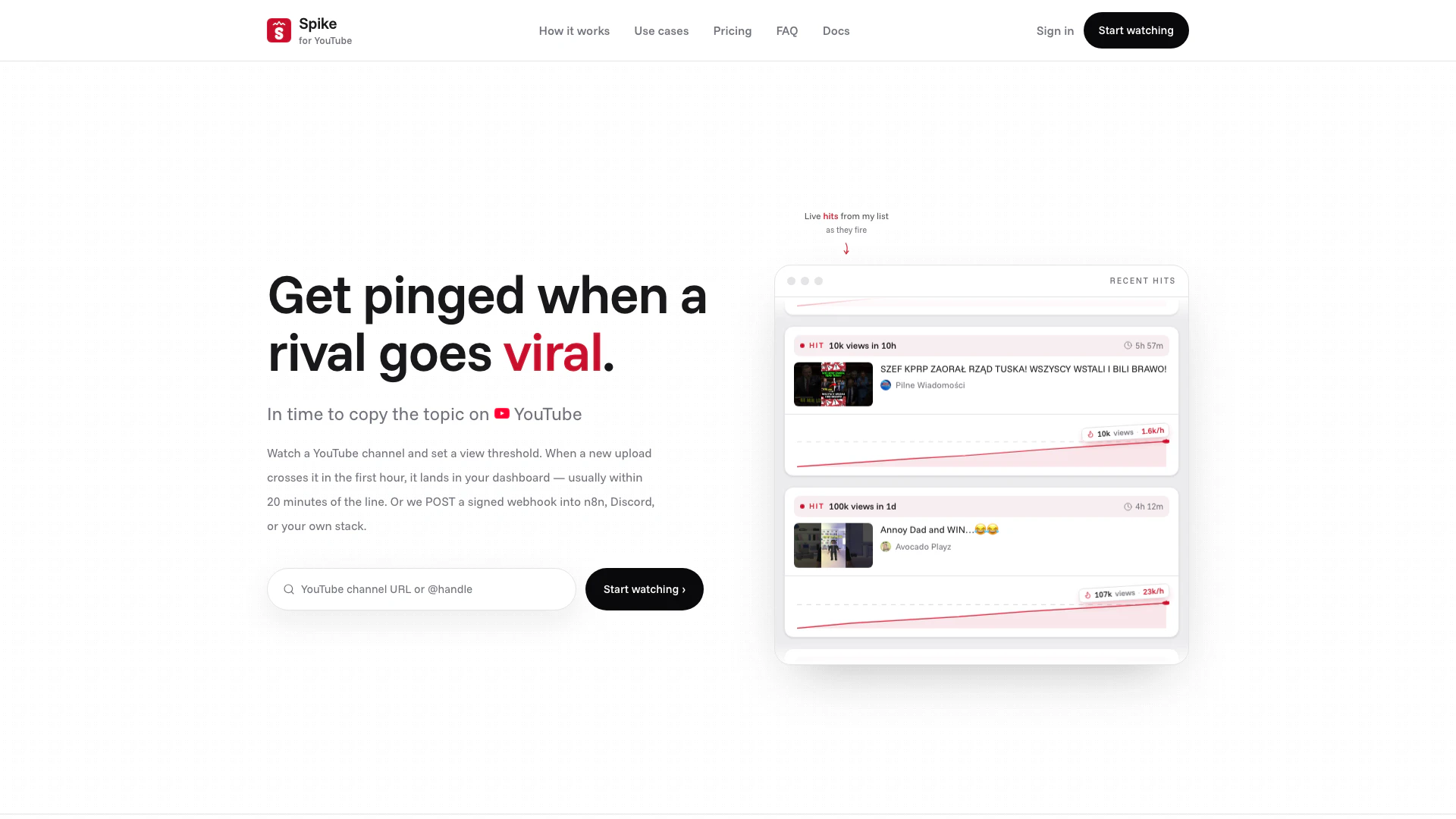 Spike website screenshot showing Recibe una notificación cuando un video ... interface and features