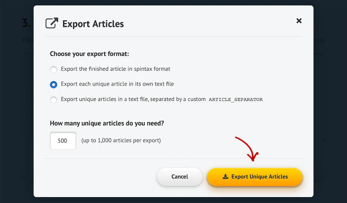 Spin Rewriter Step 3: Export unique articles