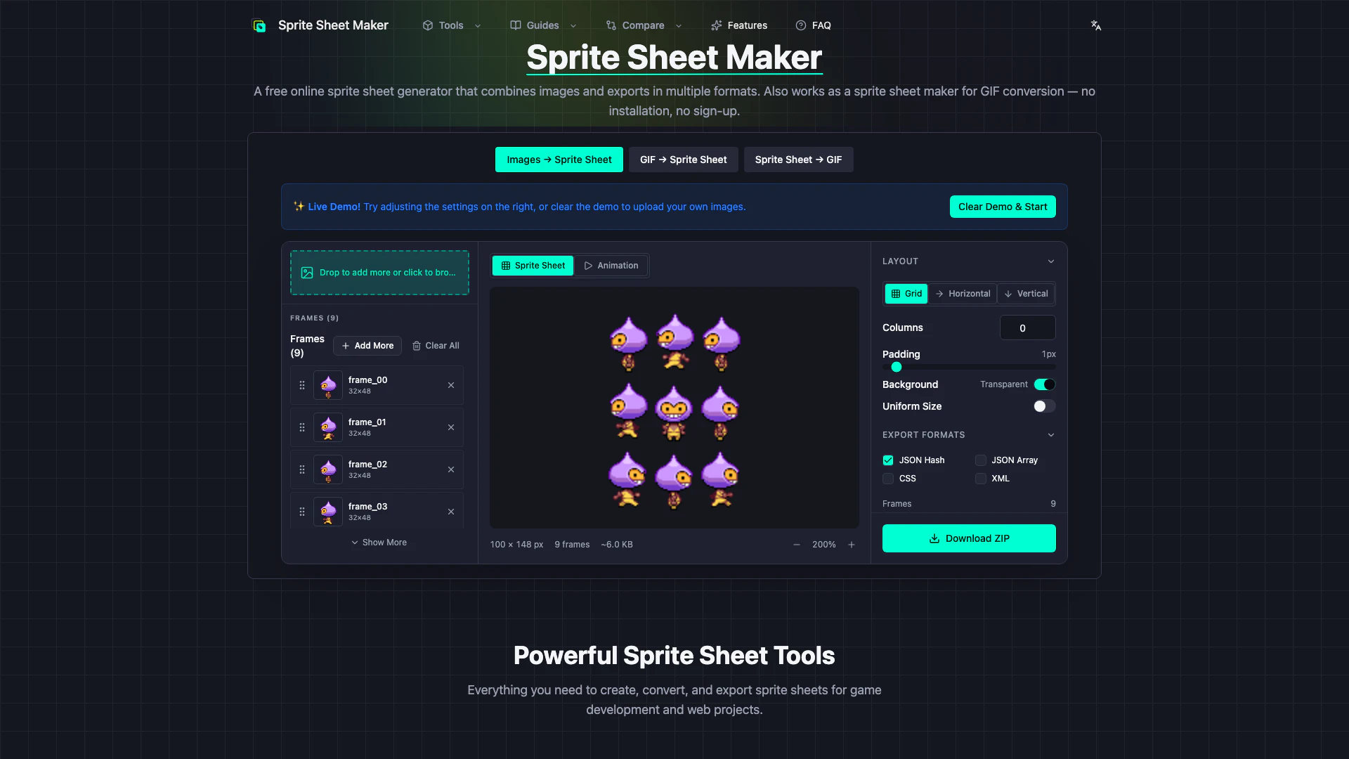 Spritesheetmaker website screenshot showing A free online sprite sheet generator tha... interface and features