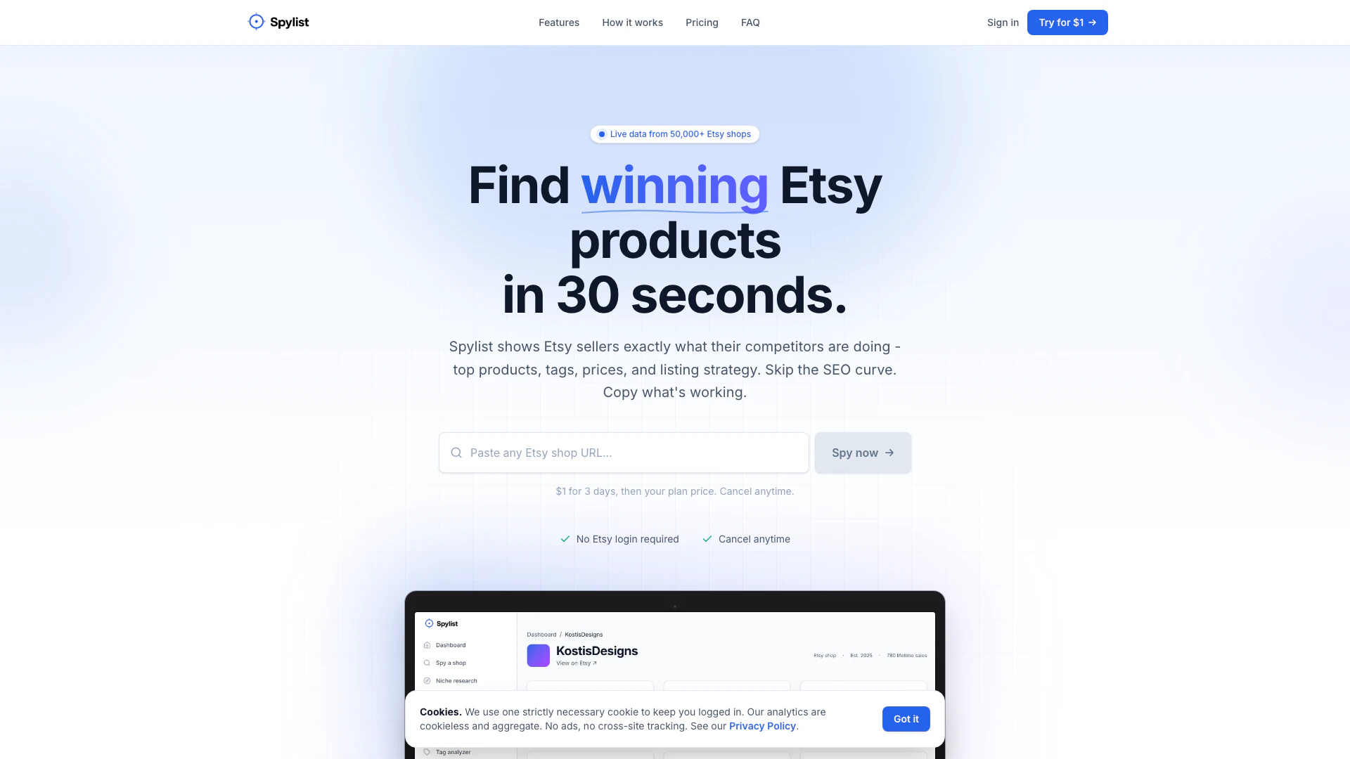 Spyli website screenshot showing Spyli帮助Etsy卖家在短短30秒内发现成功的产品和策略。 interface and features