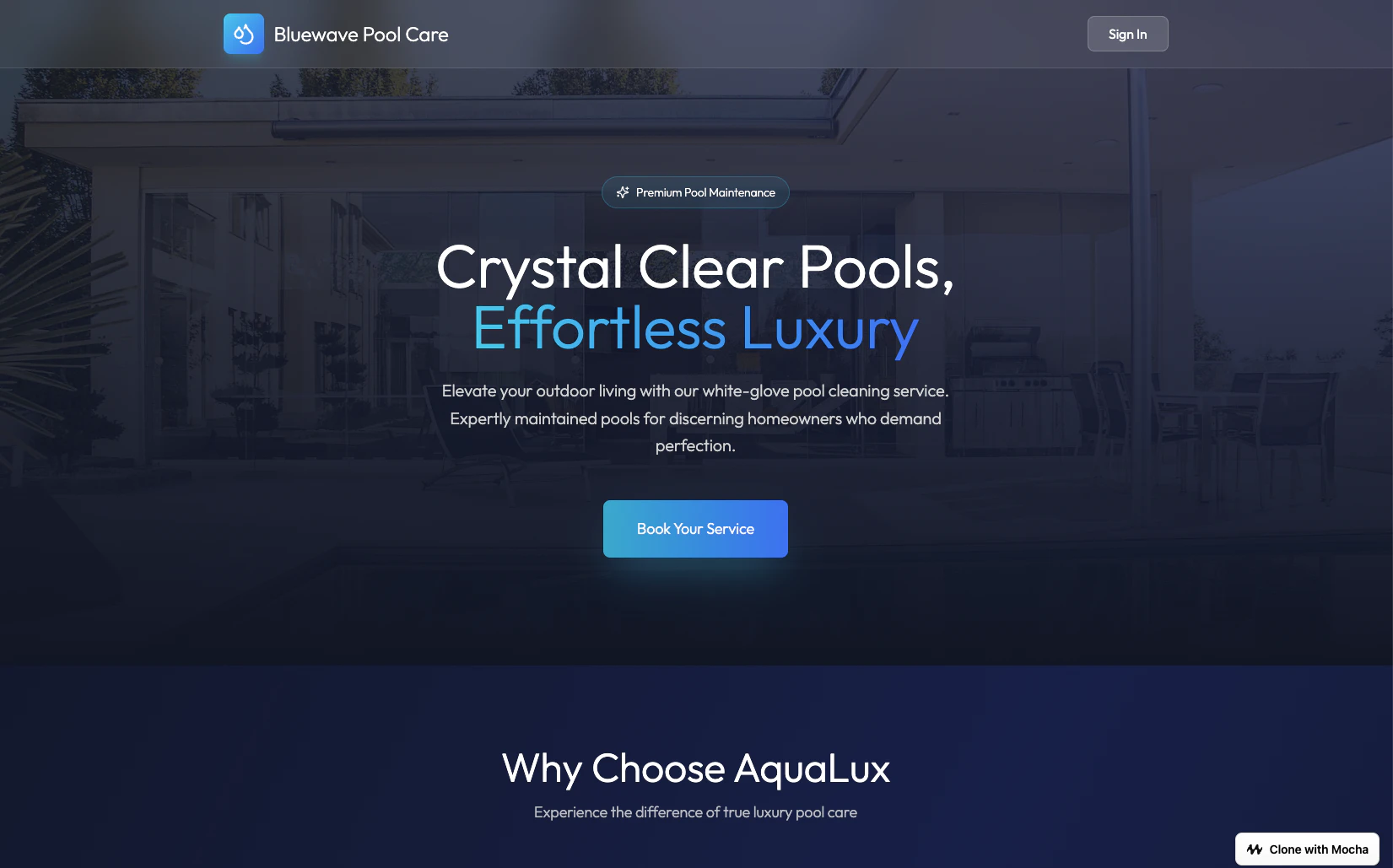 Mocha use case example: Pool cleaning services website