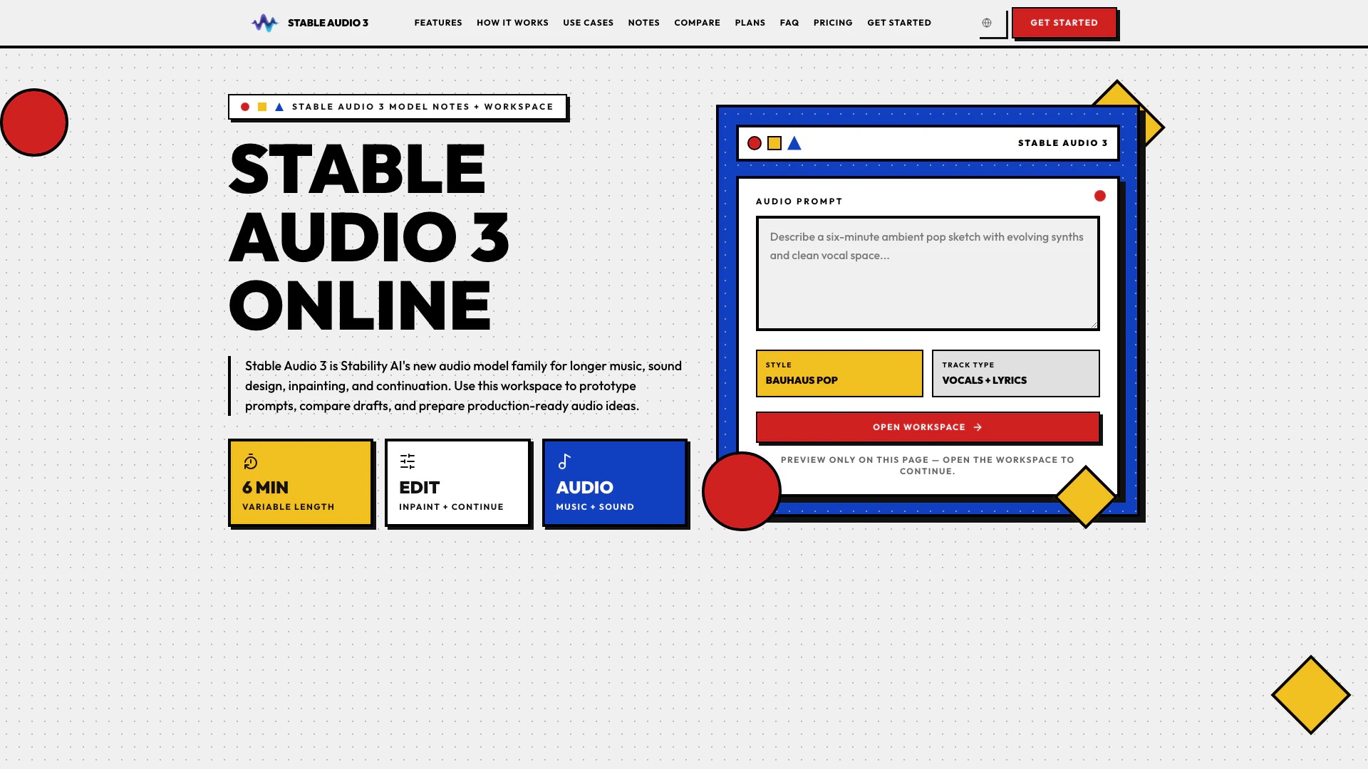 Stableaudio3 website screenshot showing Stable Audio 3 ist ein Online-Arbeitsber... interface and features