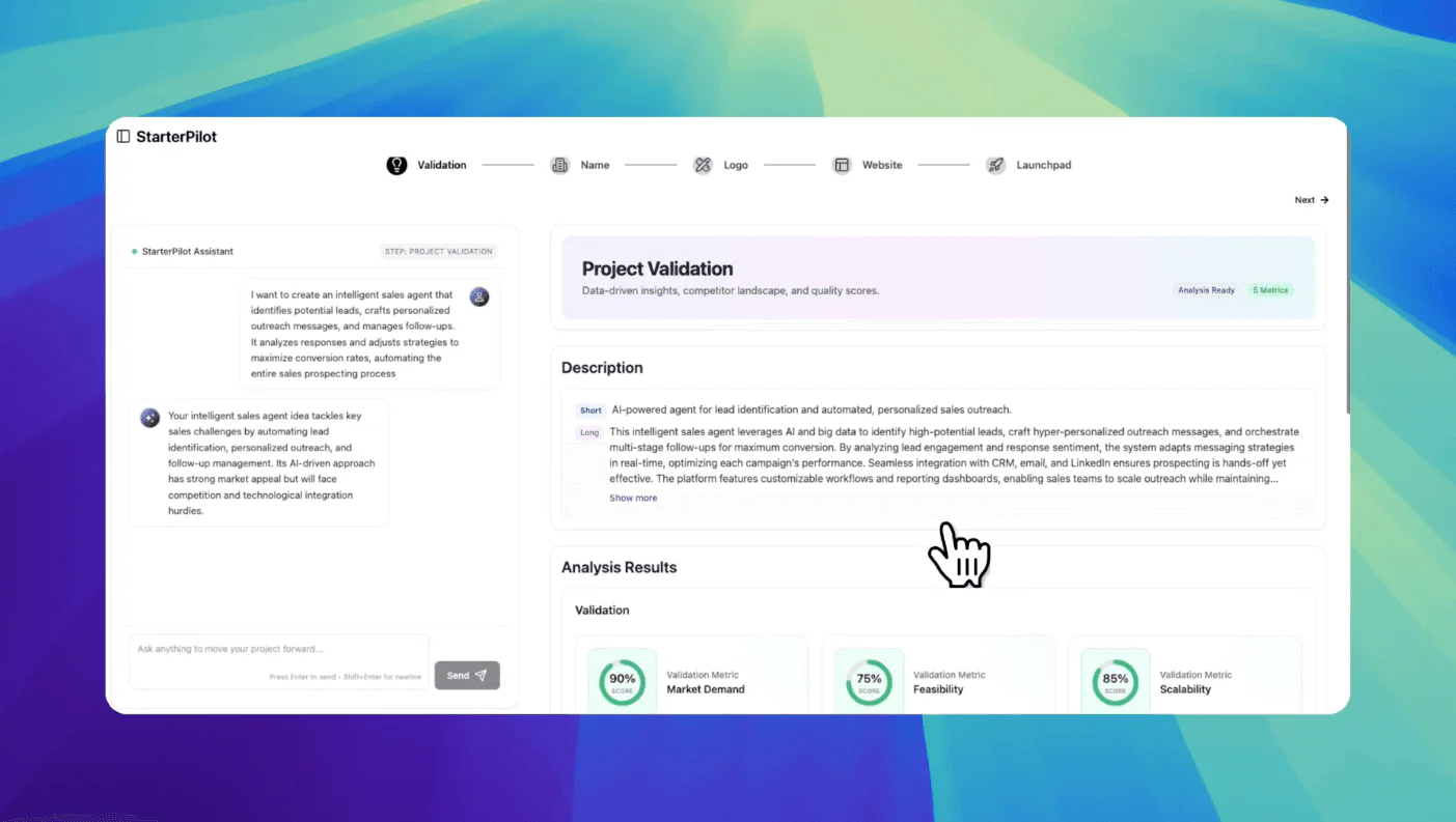 StarterPilot feature demonstration of idea validation