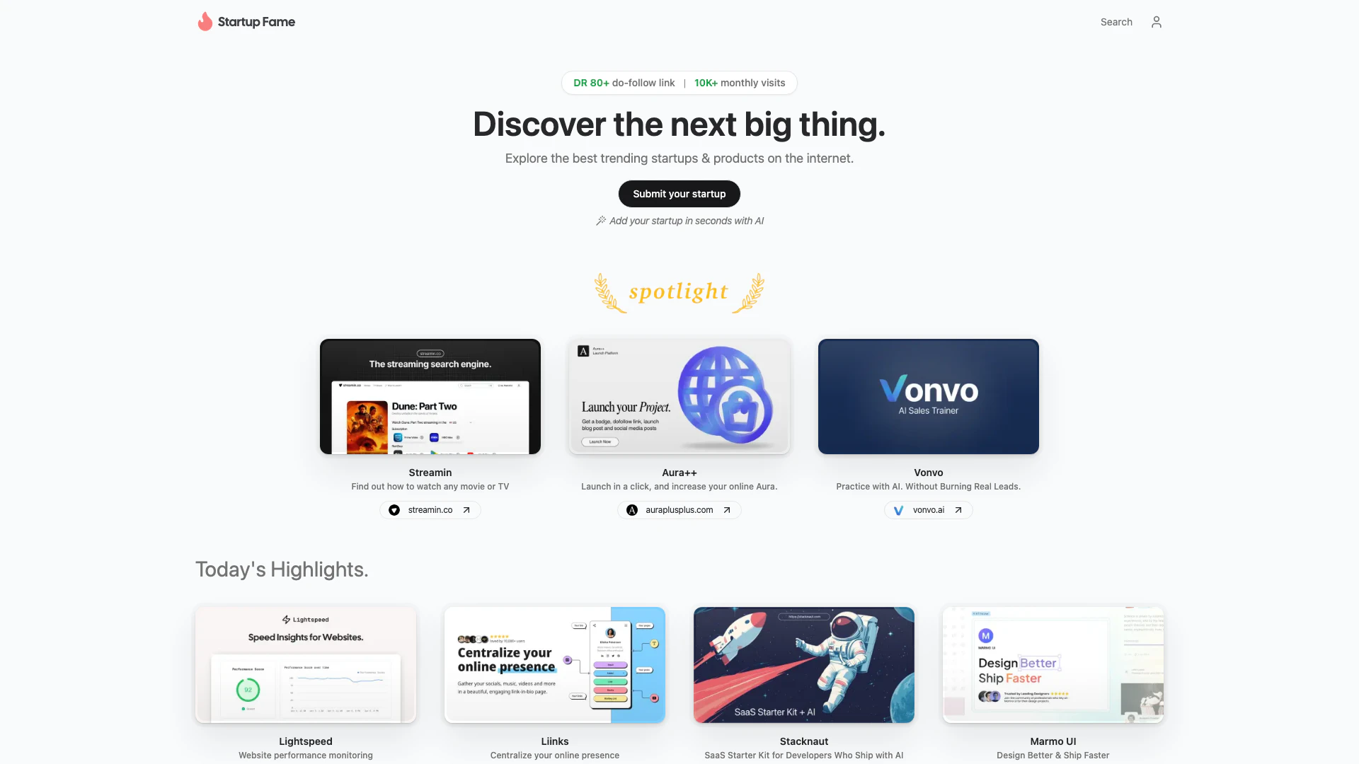 Startupfa website screenshot showing Explore trending startups and products d... interface and features